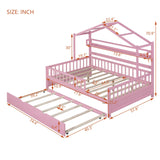 English Elm Wooden Full Size House Bed With Twin Size Trundle,Kids Bed With Shelf, Pink