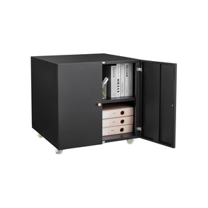 English Elm Black Powder Coated Steel Rolling Cabinet with Locking Wheels and Adjustable Interior Shelf W1247131617