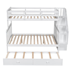 English Elm Stairway Twin Over Full Bunk Bed with Trundle Stair Storage and Guard Rail White LT000119AAK-1