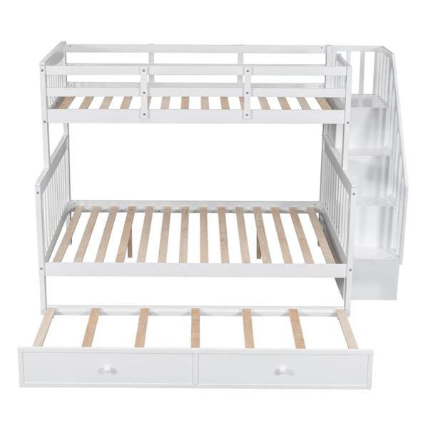 English Elm Stairway Twin Over Full Bunk Bed with Trundle Stair Storage and Guard Rail White LT000119AAK-1