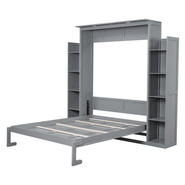 English Elm Queen Murphy Wall Bed with Side Shelving and Led Strip Light for Studio Spaces LP000695AAE-1
