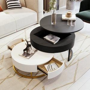 English Elm Modern Round Nesting Coffee Table Set with Lift Top Hydraulic Storage and Gold Pedestal CH307475AAB