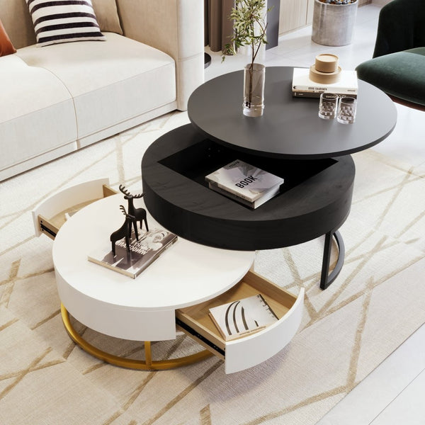 English Elm Modern Round Nesting Coffee Table Set with Lift Top Hydraulic Storage and Gold Pedestal CH307475AAB