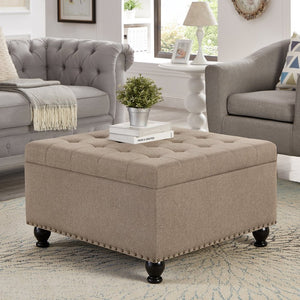 English Elm Large Tufted Faux Leather Storage Ottoman with Brass Nail Trim and Spindle Legs Linen W2186142956