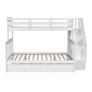 English Elm Stairway Twin Over Full Bunk Bed with Trundle Stair Storage and Guard Rail White LT000119AAK-1