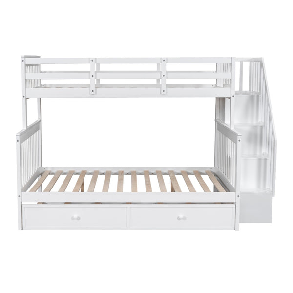 English Elm Stairway Twin Over Full Bunk Bed with Trundle Stair Storage and Guard Rail White LT000119AAK-1