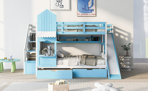 English Elm Full-over-full Castle Bunk Bed with Slide Drawers Shelves Pinewood Kids Frame LT000558AAC-2