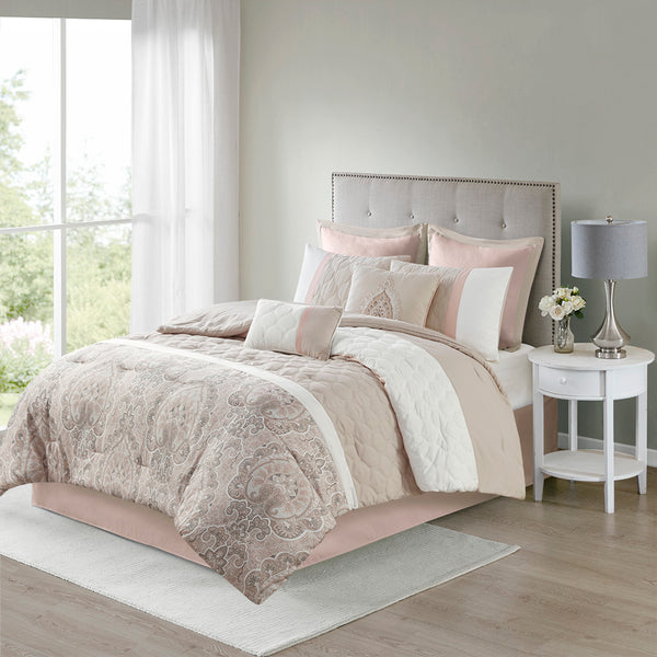 English Elm Cal King Shawnee 8-Piece Comforter Set - Blush Taupe Damask Microfiber, Diamond Quilting, Hypoallergenic B03594926