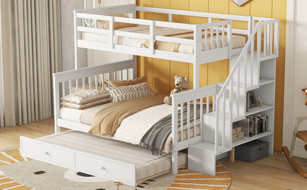 English Elm Stairway Twin Over Full Bunk Bed with Trundle Stair Storage and Guard Rail White LT000119AAK-1