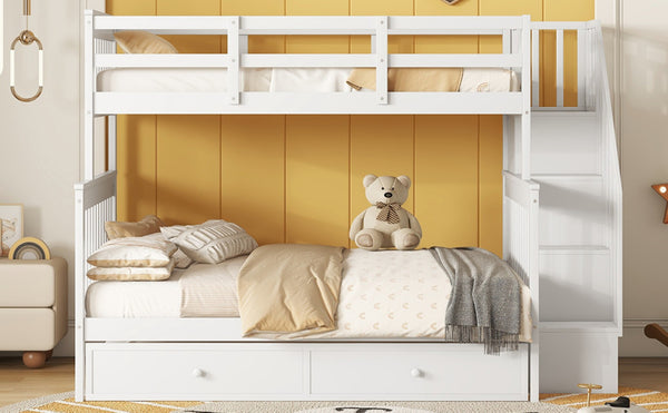English Elm Stairway Twin Over Full Bunk Bed with Trundle Stair Storage and Guard Rail White LT000119AAK-1