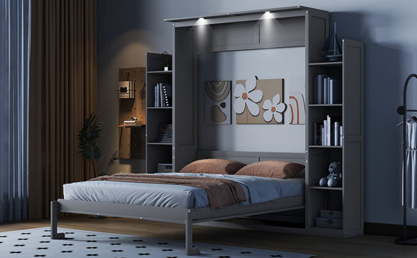 English Elm Queen Murphy Wall Bed with Side Shelving and Led Strip Light for Studio Spaces LP000695AAE-1