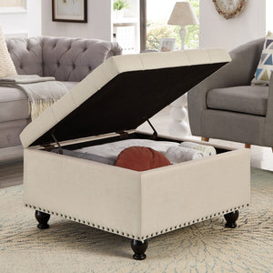 English Elm Large Tufted Faux Leather Storage Ottoman with Brass Nail Trim and Spindle Legs Beige W2186142955