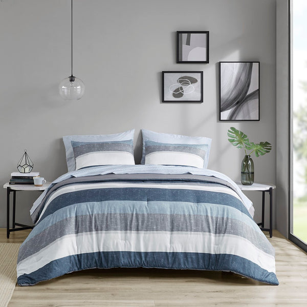 English Elm Stripe Comforter Set With Matching Sheets In Navy, Blue & Grey – Twin, Modern & Easy-Care Bedding B03599092-GIGA