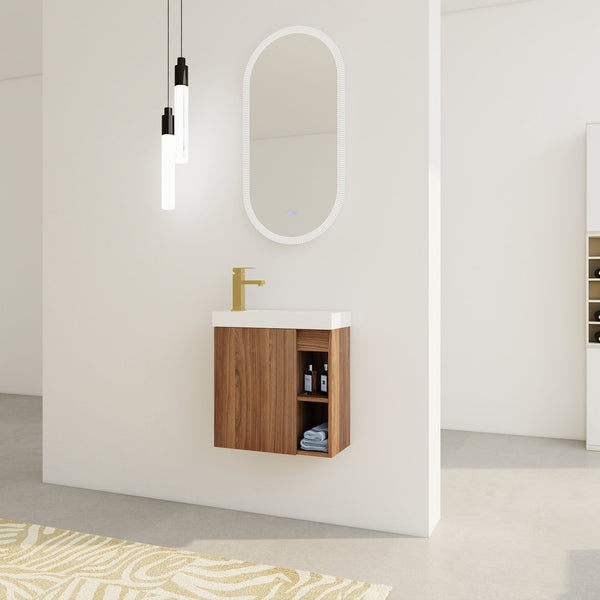 English Elm 20'' Floating Wall-Mounted Vanity with Resin Sink, Soft-Close Door & Open Shelves for Compact Baths Walnut W999P143199