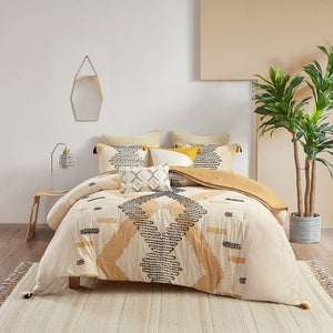 English Elm Full/Queen INK+IVY Arizona 3-Pc Cotton Comforter Set Yellow Grey Geometric with Tassels & Embroidery B035128783