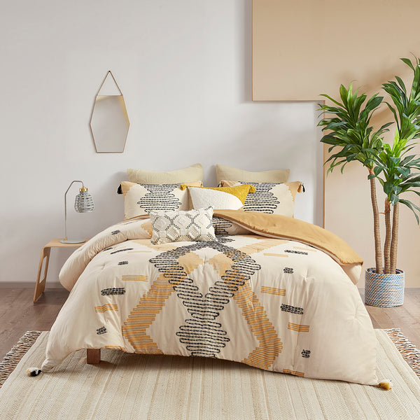 English Elm Full/Queen INK+IVY Arizona 3-Pc Cotton Comforter Set Yellow Grey Geometric with Tassels & Embroidery B035128783