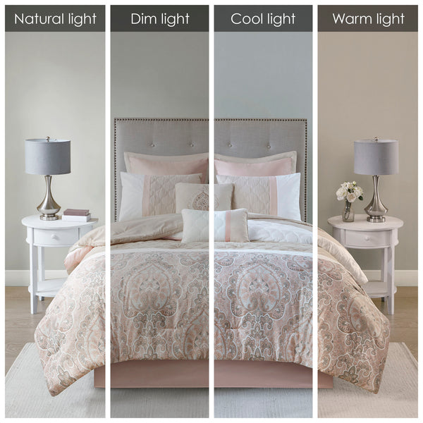 English Elm King Shawnee 8-Piece Comforter Set — Blush Taupe Damask Microfiber, Diamond Quilting, Hypoallergenic Finish B03594925