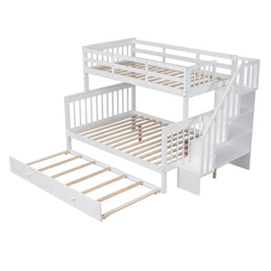 English Elm Stairway Twin Over Full Bunk Bed with Trundle Stair Storage and Guard Rail White LT000119AAK-1