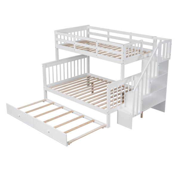 English Elm Stairway Twin Over Full Bunk Bed with Trundle Stair Storage and Guard Rail White LT000119AAK-1