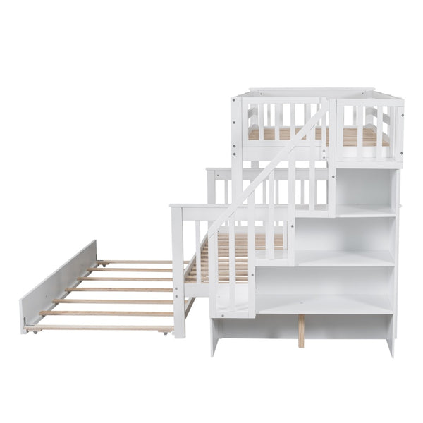 English Elm Stairway Twin Over Full Bunk Bed with Trundle Stair Storage and Guard Rail White LT000119AAK-1