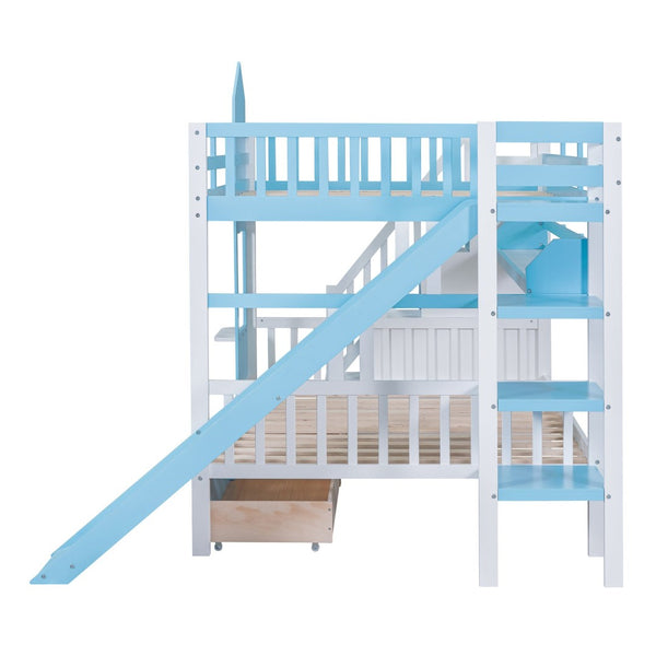 English Elm Full-over-full Castle Bunk Bed with Slide Drawers Shelves Pinewood Kids Frame LT000558AAC-1