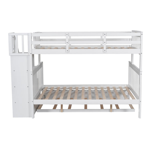 English Elm Stairway Twin Over Full Bunk Bed with Trundle Stair Storage and Guard Rail White LT000119AAK-1