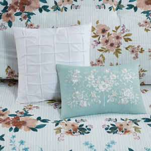 English Elm King/Cal King Floral Cotton Comforter Set 5-Piece Shabby Chic Teal Garden Stripes with Pillows B035128864