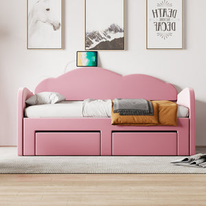English Elm Twin Upholstered Daybed with Cloud Backrest, Trundle & 2 Storage Drawers, USB Ports, Space-Saving Design Pink SF000070AAH