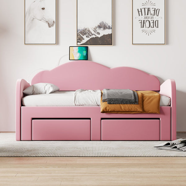 English Elm Twin Upholstered Daybed with Cloud Backrest, Trundle & 2 Storage Drawers, USB Ports, Space-Saving Design Pink SF000070AAH