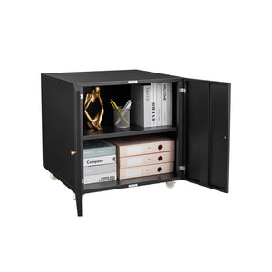 English Elm Black Powder Coated Steel Rolling Cabinet with Locking Wheels and Adjustable Interior Shelf W1247131617