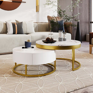 English Elm Modern White Lacquer Round Nesting Tables Gold Pedestal Base Glam Living Room Set N735P386429K
