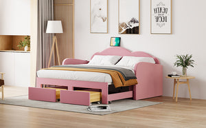 English Elm Twin Upholstered Daybed with Cloud Backrest, Trundle & 2 Storage Drawers, USB Ports, Space-Saving Design Pink SF000070AAH