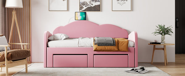 English Elm Twin Upholstered Daybed with Cloud Backrest, Trundle & 2 Storage Drawers, USB Ports, Space-Saving Design Pink SF000070AAH