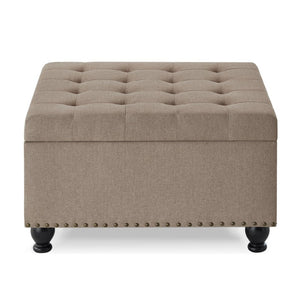 English Elm Large Tufted Faux Leather Storage Ottoman with Brass Nail Trim and Spindle Legs Linen W2186142956