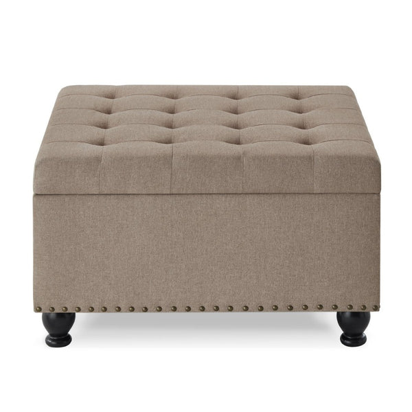 English Elm Large Tufted Faux Leather Storage Ottoman with Brass Nail Trim and Spindle Legs Linen W2186142956