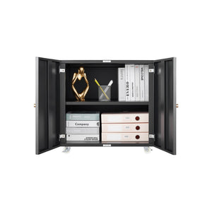 English Elm Black Powder Coated Steel Rolling Cabinet with Locking Wheels and Adjustable Interior Shelf W1247131617