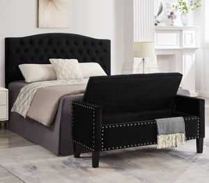English Elm Upholstered Velvet Storage Bench Tufted Seat Nailhead Trim Armrests Entryway Bedroom Black W2186139086
