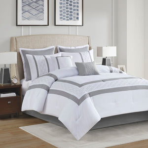 English Elm 8 Powell Embroidered Comforter Set King - Hotel-Style White with Grey Euros, Bedskirt & Decorative Pillows B035128741