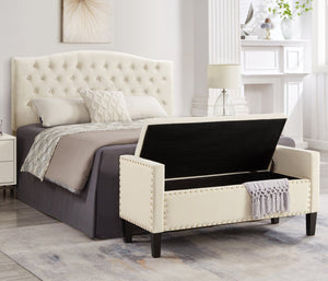 English Elm Upholstered Velvet Storage Bench Tufted Seat Nailhead Trim Armrests Entryway Bedroom Cream W2186139089