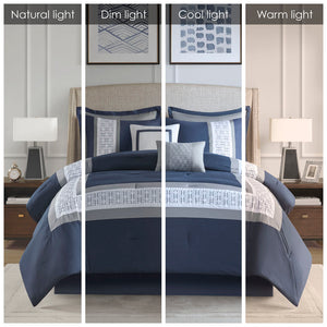 English Elm 8 Piece Embroidered Comforter Set In Navy - Luxurious Queen Bedding With Shams & Decorative Pillows B03594954