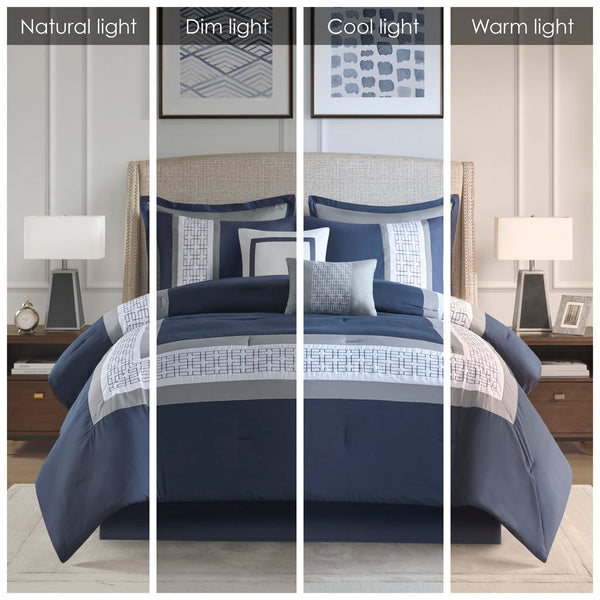 English Elm 8 Piece Embroidered Comforter Set - Luxurious Navy King Ensemble With Hypoallergenic Design & Style B03594955