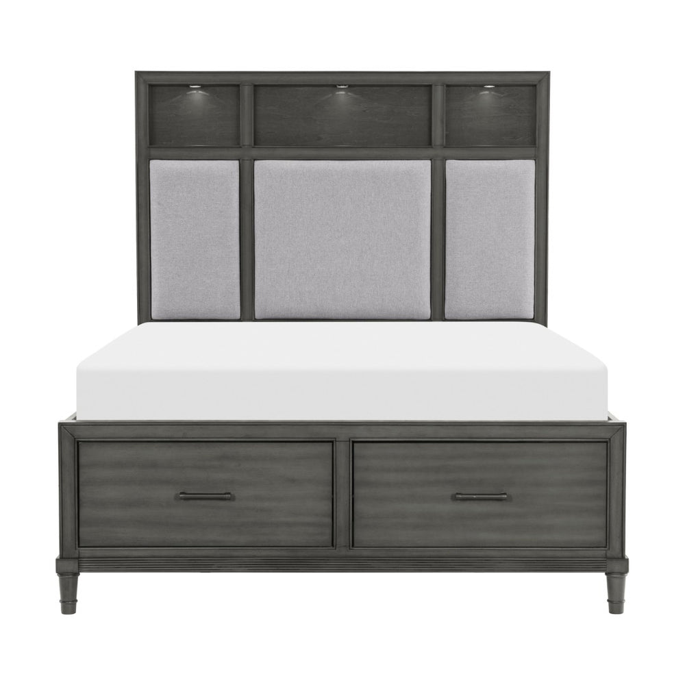English Elm Gray Queen Platform Bed with Led Shelves Usb Ports Storage Drawers Upholstered Headboard B011S00657