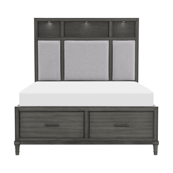 English Elm Gray Queen Platform Bed with Led Shelves Usb Ports Storage Drawers Upholstered Headboard B011S00657