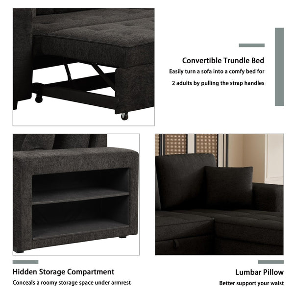 English Elm 104.5" Reversible L-shaped Sectional Sleeper Sofa with Storage Chaise and Linen Chenille Fabric Charcoal Grey SG000432AAN