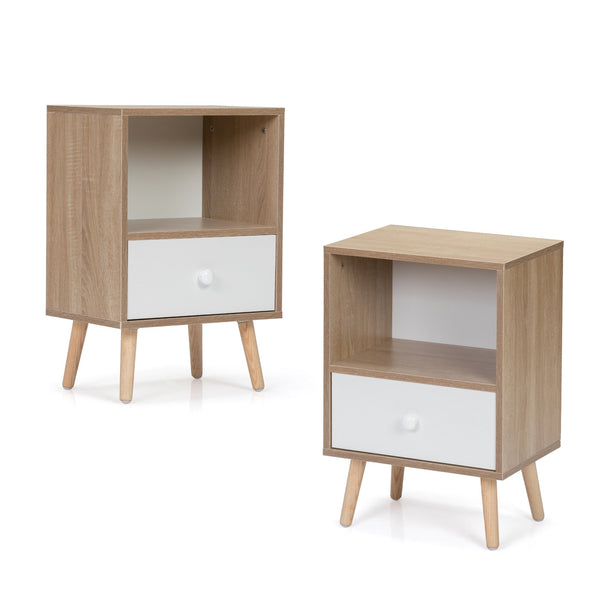 English Elm Mid-Century Natural White Nightstand Set of 2 with Drawer & Shelf, Compact 15.8"L x 23.6"H Tables W2181P147509
