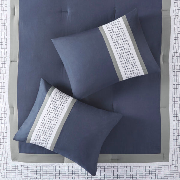 English Elm 8 Piece Embroidered Comforter Set In Navy - Luxurious Queen Bedding With Shams & Decorative Pillows B03594954