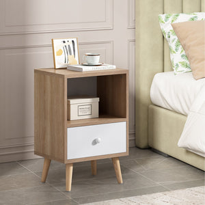 English Elm Mid-Century Natural White Nightstand Set of 2 with Drawer & Shelf, Compact 15.8"L x 23.6"H Tables W2181P147509