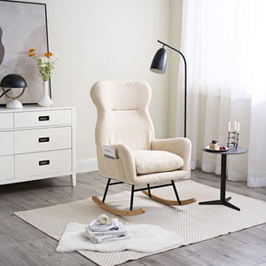 English Elm Modern Rocking Chair High Back Ergonomic Teddy Fabric Arm Rocker with Adjustable Headrest, 300LB Capacity and Durable Metal Frame for Living Room Comfort and Relaxation W244134105
