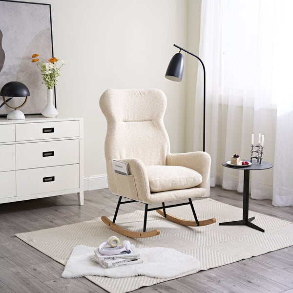 English Elm Modern Rocking Chair High Back Ergonomic Teddy Fabric Arm Rocker with Adjustable Headrest, 300LB Capacity and Durable Metal Frame for Living Room Comfort and Relaxation W244134105