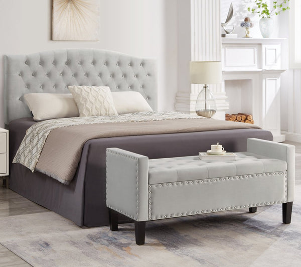 English Elm Upholstered Velvet Storage Bench Tufted Seat Nailhead Trim Armrests Entryway Bedroom Gray W2186139087
